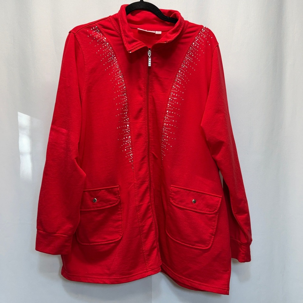Quacker Factory Red Metalstone Track Jacket Full Zip Women 2X Christmas